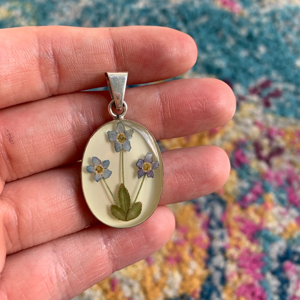 Vintage Sterling Silver Dried Flower Pendant